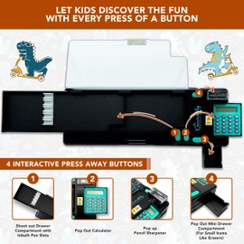 Decorably Pop Up Multifunction Dinosaur Pencil Case With Calculator for Boys, with Sharpener, Pen Slots, Mini Drawer and 2 Main Compartments with Magnetic Closure - Back to School Gift for Kids