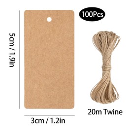 Pack of 100 Gift Tags, Kraft Paper Tag Labels, Kraft Paper Tags for Labelling, Gift Tags with 20 Metres Jute Rope, for Valentine's Day, Christmas (Brown)