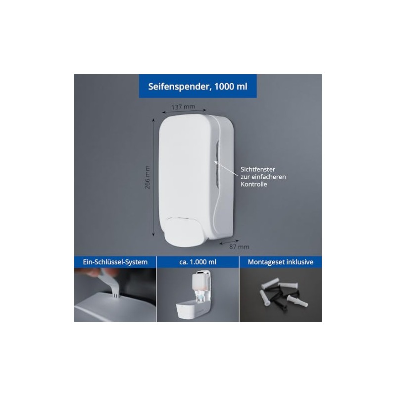 HyPaFol Soap Dispenser 1000 ml - Refillable, Matt White, Wall