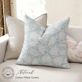 Neutral Floral Double Sided Block Print Pillow Covers 22x22 Set of 2, Vintage Throw Boho Decorative Cushion Covers Farmhouse Accent for Couch Sofa Bed Living Room Home Decor,Light Blue