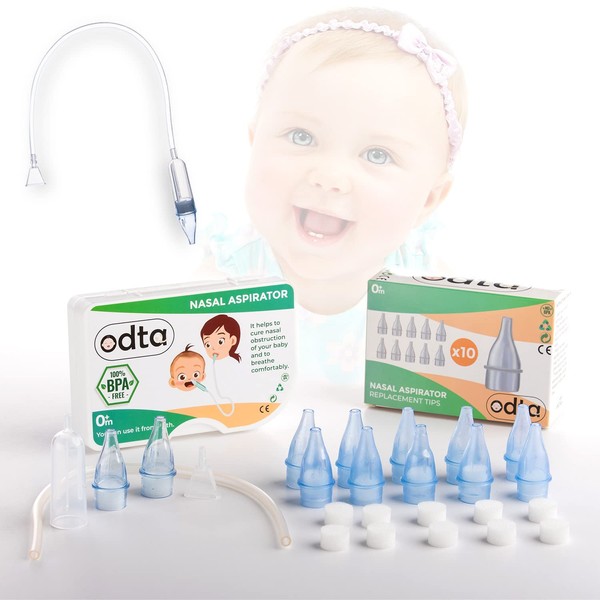Baby Nasal Aspirator| 35 Pieces | 22 Extra Hygiene Filters | 12 Extra Hygiene Replacement Heads-Easy to Control Flow-Nasal Aspirator for Baby | Nose Mucus Cleaner | Baby Shower Gift | by ODTA