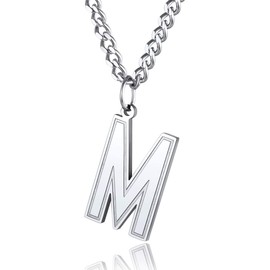 Letter M Necklace for Mens Initial Alphabet Charm 22" Stainless Steel Curb Chain