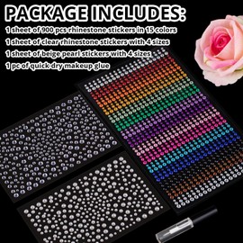 1550 Pcs Rhinestone and Pearl Stickers 3-6mm Clear&Colorful Gems+Beige Pearls Adhesive Face Gems Stick on Body Crystal Jewels with Makeup Glue for Face Eye Hair Nails Makeup and Craft Decorations