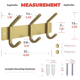 SAYONEYES Brushed Gold Small Coat Rack Wall Mount – 9 Inch Stainless Steel Rail with 3 Double Coat Hooks for Entryway, Bathroom, Bedroom, Kitchen – Modern Gold Hook Rack for Coats, Hats, Towels
