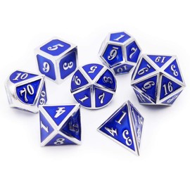 Haxtec Metal Dice Set D&D Silver Navy Blue Metal Polyhedral DND Dice for Dungeons and Dragons-Glossy Enamel Dice (Silver Navy Blue)