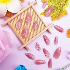 24 Pcs Handmade Press on Nails Short Almond Nail Tips,YEFIUO Ombre French Fake Nails Press ons 3D Flowers Butterfly Nail Charms Design Glue on Nails Full Cover Reusable False Nails Art Kit for Ma'am