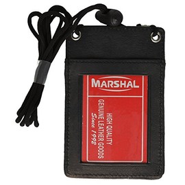 Marshal New Leather Neck Strap ID Badge Credit Card Holder Pouch Wallet Mini CrossBody (Black)