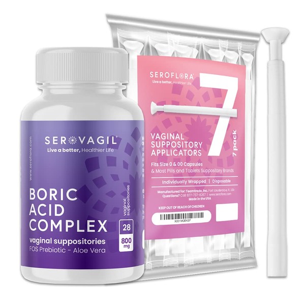 SEROVagil Boric Acid Suppositories Complex with FOS Prebiotic & Aloe Vera + Suppositories Applicator 7 ct. Bundle - Vaginal Health pH Balance for Women - Supports Vaginal Odor Control