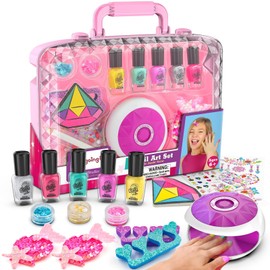 Amagoing Kids Nail Polish Set for Girls, All-in-One Nail Art Kit with Storage Box Ages 6-8, Non Toxic Peelable Nail Polish, Nail Dryer, Hair Clip, Girl Makeup Case Toys Birthday Gift for 5 6 7 8 9