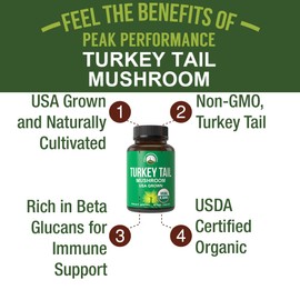 Peak Performance Organic Turkey Tail Capsules - USA Grown Made with Real Turkey Tail Mushroom. Immune System Support Naturally Harvested Mushroom Supplements for Immunity. Vegan Supplement Extract