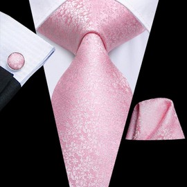 Dubulle Mens Tie Set Solid Paisley Silk Striped Necktie for Men with Cufflinks Tie and Pocket Square,A Light Pink