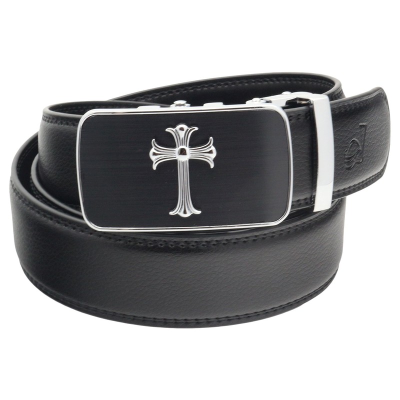 QHA Mens Jesus Cross Automatic Buckle Ratchet Leather Belt Q39-Silver