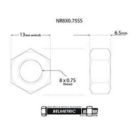 (10pcs) BelMetric M8X0.75 Stainlesss Steel A2 Metric Extra Fine Thread Hex Nuts DIN 934 NR8X0.75SS