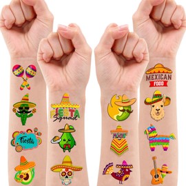 111 PCS Mexican Fiesta Temporary Tattoos Stickers Theme Birthday Party Decorations Supplies Favors Decor Taco Mexico Cinco De Mayo Pinata Tattoo Sticker Gifts For Boys Girls School Prizes Carnival