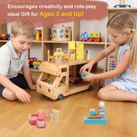 RV Camper Dollhouse for Kids, Wooden Rolling Motorhome with Full Furniture Set, Travel Doll House Toy with Miniature Rooms for Boys & Girls, Pretend Play Adventure Home