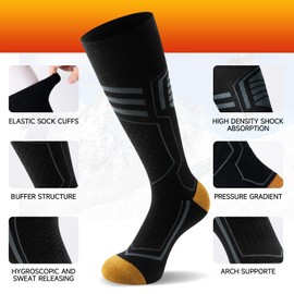 TANSTC Thermal Socks Merino Wool Ski Socks for Men Women,Thick Warm Knee High Winter Sport Socks for Snowboard Walking Hiking Running Skiing and Outdoor Sports 2 pairs,Black,L