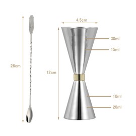 BTtime 30ml/45ml Jigger Cups Set of 2 Graduated Ounce Cups Stainless Steel Cocktail Spoon 26cm Double Head Measuring Cup Bartender Barware Cocktail Tools Set
