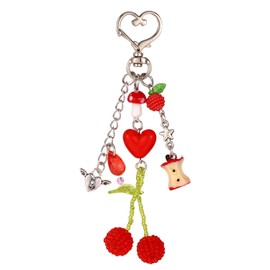 Mikovivi Cherry Bead Keychain with Heart Key Ring, Cute Red Cherry Mushroom Green Leaves Keychain Aesthetic Fruit Key Chain Decor for Purse Bag Backpack Handbag Accessories for Women Girls Gifts