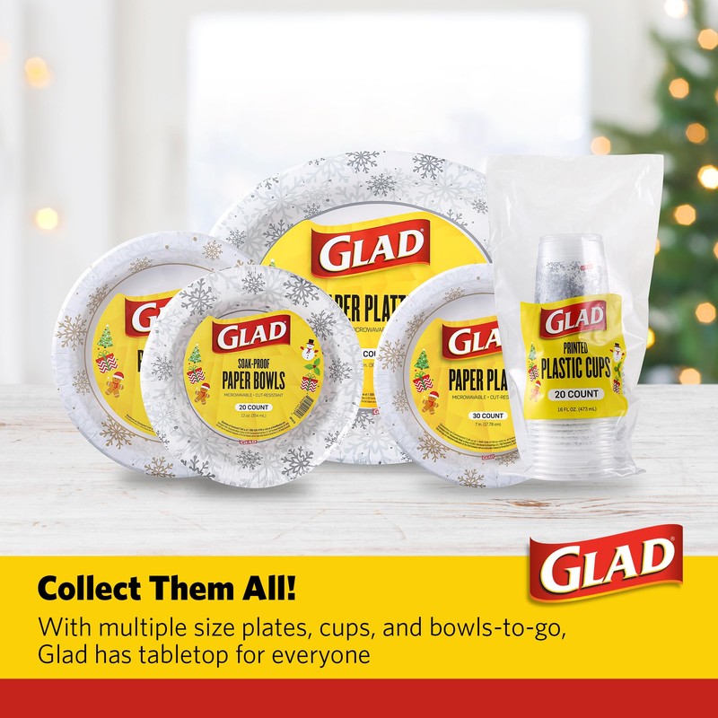 Glad Everyday Clear Plastic Cups, Holiday Grey Snowflake Design -