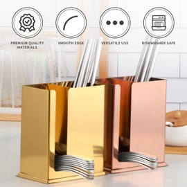 DOCBLACK 6-in-1 Stainless Steel Chopsticks with Utensil Holder, Utensil Drying Rack with 5 Pairs Reusable Chopsticks , Dishwasher Safe, Square Lightweight Non-Slip Chopsticks Set -Rose Gold
