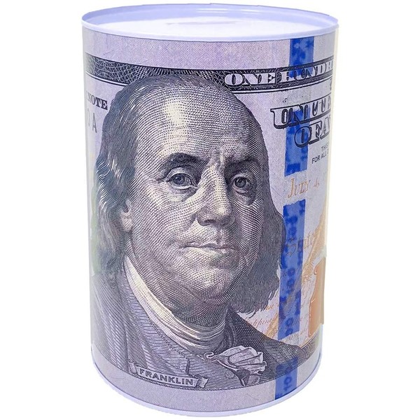 Coin Bank $100 Dollar Bill Piggy Bank 8.5" Tall Coin Saving Money Currency Benjamin Franklin Note Tin Can Banknote Jar