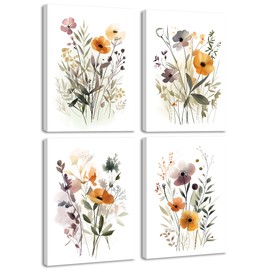 Drsoum Wildflower Bouquet Boho Framed Wall Art Wooded Minimalist Aesthetic Botanical Flower Prints Modern Plants Bathroom Kitchen Home Decor Ready to Hang 8x10inx4pcs (Framed)