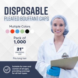 Medical Nation Hair Net, Disposable Pleated Hair Nets | Pink, 1000 Count | Bouffant Hair Cap Hair Nets for Food Service, Medical Use - 21" Hairnets for Women & Men - Latex Free with Elastic Band, Pink