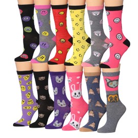 Tipi Toe Women's 12 Pairs Cheerful Black Red Grey Pink Yellow Cute Emojis Animal Faces Pattern Lightweight Crew Socks, CR182-T1
