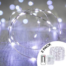 ANJAYLIA 2 Pack 33ft 100 LED Fairy Lights Battery Operated String Lights, Waterproof Copper Wire Dimmable Firefly Lights with Remote Control Timer Christmas Lights White