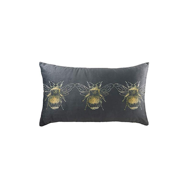Evans Lichfield Gold Bee Cushion Cover, Velvet, Grey, 30 x