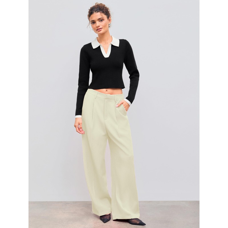 CIDER High Waist Pleated Wide Leg Pants A-Beige