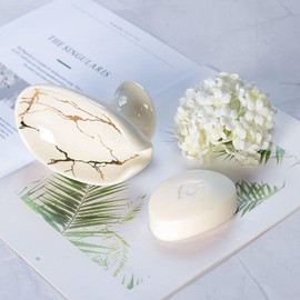 Umlaca Soap Dish Ceramic Self-Draining Soap Holder Keep Soap Dry, Leaf Shape Soap Dish Vintage, Suitable for Kitchen, Bathroom, Shower, White