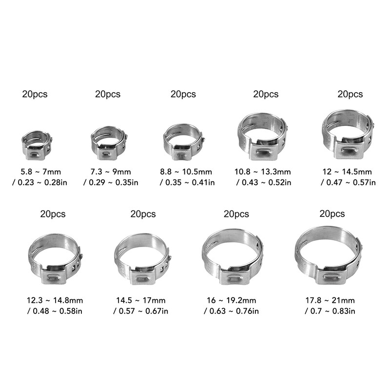 180Pcs Fuel Hose Clamps Kit Stainless Steel Injection Line Accessories