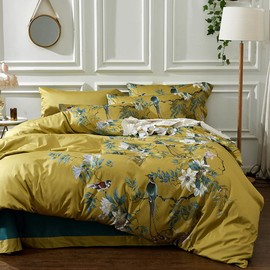 mixinni Flower and Bird Comforter Set Garden Style Vibrant Colors Floral Comforter Sets for Him and Her, 1 Reversible Flowers Comforter and 2 Pillowcases for All Seasons-Queen Size