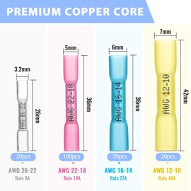 210Pcs Heat Shrink Butt Connectors, Marine Grade Waterproof Electrical Crimp Wire Connectors Kit-Tinned Red Copper Insulated, for Boat, Truck, Stereo, Joint(4 Colors/4Sizes)