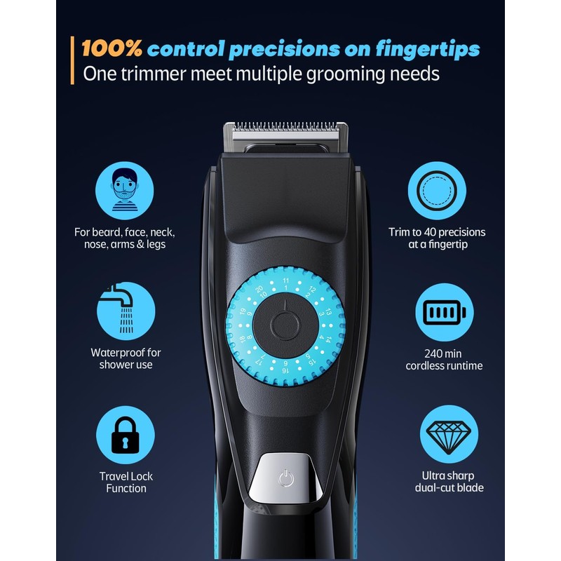 Beard Trimmer for Men with 3 Attachments, 40 Adjustable Precisions,
