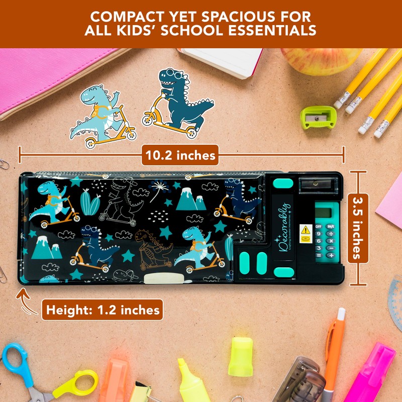 Decorably Pop Up Multifunction Dinosaur Pencil Case With Calculator for