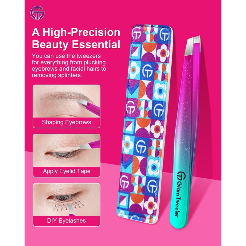 Expert Slant Tip Tweezers with Leather Case, GlamTweeler Sharp &