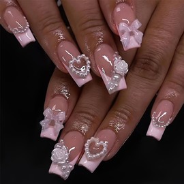 24Pcs French Tip Press on Nails with Charms Designs Medium Long Fake Nails French Heart Nails Press on Cute Rose Flower Stick on Nails Square Shape Acrylic Nails Pearl Nails for Women Daily Wear