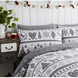 Duvet Cover Set - Grey & White Reindeer Heart & Christmas Tree Quilt Cover Set (Single)