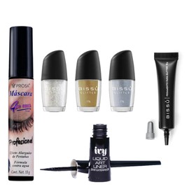 Kit de Maquillaje para Ojos, Delineador Líquido Ivy Waterproof, Rímel Prosa Profesional, Pegamento para Glitter y 3 Glitters; Negro, Plata, Dorado