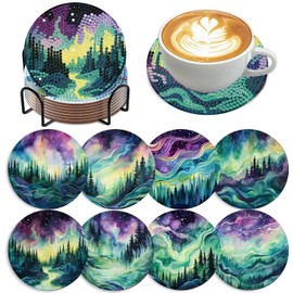 Zythron 8 PCS Aurora Diamond Art Coasters Diamond Painting Coasters Kits with Holder Northern Lights DIY Coasters for Beginners, Adults, Diamond Art Crafts Supplies 4x4 in