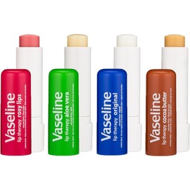 Vaseline Lip Therapy Stick with Petroleum Jelly (Original, Aloe Vera, Rosy Lips, Cocoa Butter)- 4pk