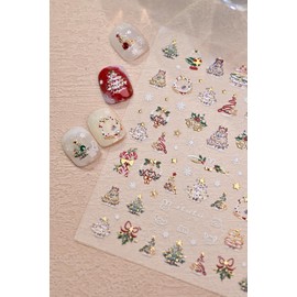 Christmas Nail Art Stickers 5D Embossed Shiny Gold Xmas Tree Nail Stickers Bell Star Holly Canes Wreath Snowflake Nail Decals for Women Girls Winter Holiday Manicure DIY Nail Supplies