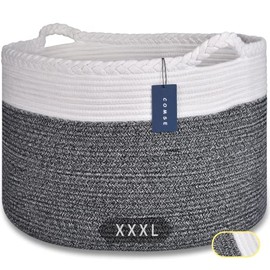 COMSE Extra Large Blanket Basket, Storage Basket, Rope Laundry Basket, 21.7”x 13.8”, Cotton Rope Basket, XXXL Laundry Basket, Toy Basket, Woven Basket, Clothes Baskets, White/Black
