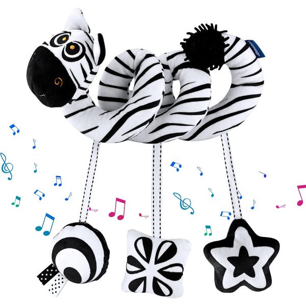 Hileyu Spiral Pram Hanging Toys for Babies,Black and White Pram Toys,Spiral Activity Hanging Toys Car Seat Toys,Wrap Around Crib Sensory Early Education Toys, Squeak Animal Plush Carseat Hanging Toys