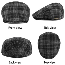 Wantonfy Beret Cap Men's Flat Cap Peaked Cap Gatsby Peaked Cap Newsboy Flat Cap Beret Hat 1920 Style Gatsby Costume Accessories, Black Grid