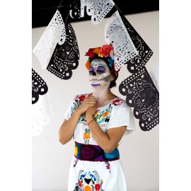 5 Pk Dia de Los Muertos Papel Picado, Extra Fancy Mexican Papel Picado Banners Over 70 FT Long, Large White and Black Paper Garland WS96