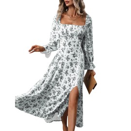 Relipop Women's Long Sleeve Maxi Dress 2024 Fall Casual Square Neck High Waist Boho Floral Split Thigh A Line Dresses Party Vacation Outfits (Black White Floral, Medium)