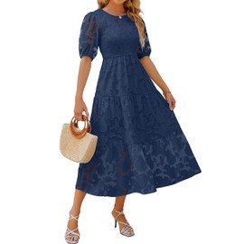 ZESICA Women's 2025 Summer Short Puff Sleeve Crewneck Smocked Floral Lace Flowy A Line Tiered Maxi Dresses,Navy,Small